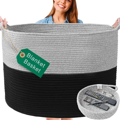 Vista 13 de XXXXL LAVABLE Cesta Grande Negra para Mantas Cesta para Sala de Estar 2 Piezas Cestas de Juguetes Almacenamiento Niños de Cuerda Tejida XXX Cesta