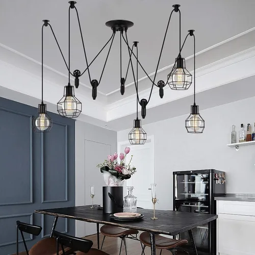 Vista 7 de Iluminación colgante industrial de 5 cabezales, lámpara de techo ajustable de estilo vintage de araña semiempotrada, candelabro rústico Edison