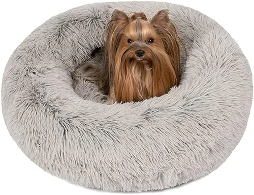 Vista 27 de Friends Forever Cama para perro en forma de dona, de piel sintética, mullida, relajante, para perros pequeños, suave y afelpada, antiansiedad, sofá