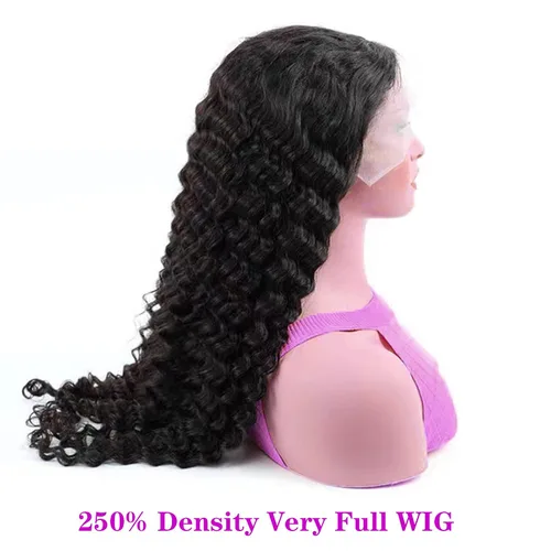 Vista 4 de 13x4 Pelucas de encaje frontal de cabello humano de ondas profundas con densidad del 250%, pelucas de encaje frontal rizadas profundamente