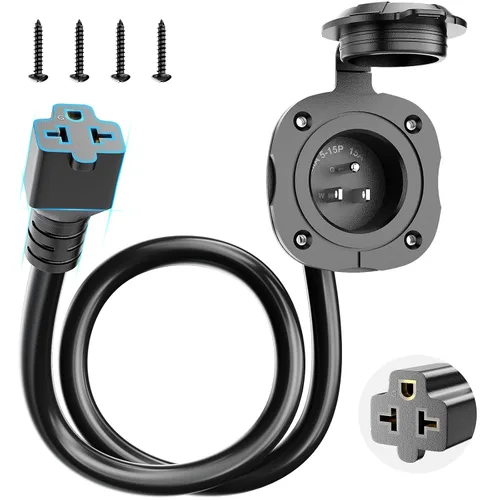 Vista 8 de BEBOBLY Entrada de 15 amperios, entrada de alimentación de 125 V con cubierta impermeable, 2 polos y 3 cables macho receptáculo de entrada