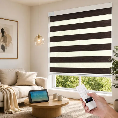 Vista 17 de ACMEART Persianas motorizadas de cebra con control remoto, persianas automáticas de doble capa, persianas eléctricas opacas para oficina del hogar