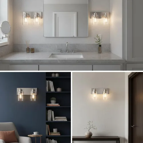 Vista 2 de Lámparas de baño, lámpara de tocador de 2 luces de níquel cepillado, apliques de pared modernos con pantalla de vidrio transparente para pasillo