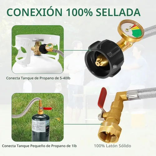 Vista 2 de Adaptador de propano para tanques de 1 libra con medidor de tanque y válvula de control, manguera de acero inoxidable de repuesto de propano de 3