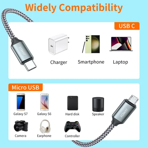 Vista 3 de JXMOX Cable USB C a Micro USB, (3.3 pies, paquete de 2) Cable Cargador Tipo C a Micro USB, Admite Carga y Sincronización Compatible