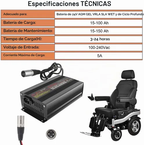Vista 2 de TPE Cargador de batería de 24V 5A, cargador de batería inteligente automático, cargador de goteo para silla de ruedas