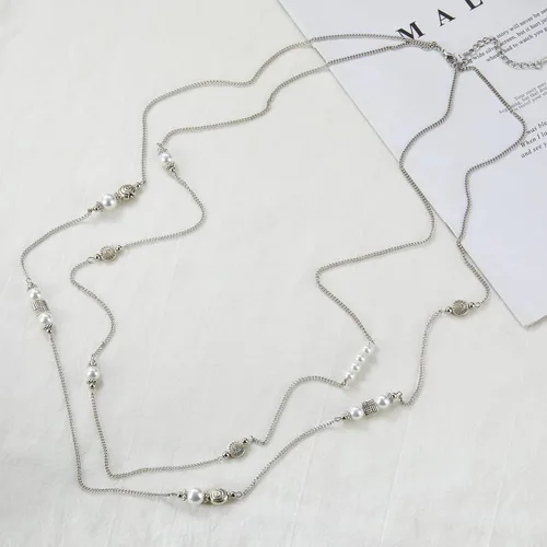 Vista 4 de BULINLIN Collar largo de plata en capas para mujer, collar de cadena de suéter con cuentas de piedra turquesa para mujer, joyería de disfraces