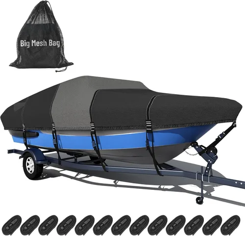 Vista 15 de Funda para barco 1600D + 1200D con bucles de 2 pulgadas de ancho para remolque y amarre, ultraduradera, impermeable, se adapta a Tri-Hull, V-Hull