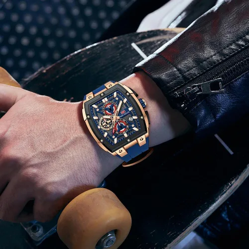 Vista 3 de MF MINI FOCUS Reloj analógico impermeable para hombre, reloj de pulsera con fecha, esqueleto Tonneau para hombre con cronógrafo, ideal