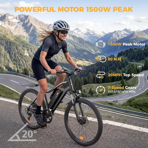 Vista 3 de Electric Bike for Adults 1500W 1000W Peak Motor 26" Tire Ebike Negro