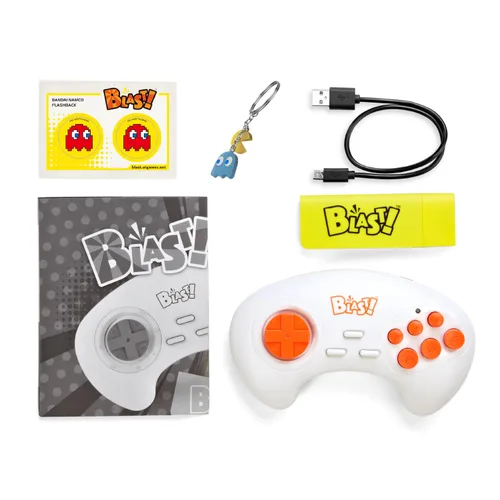 Vista 4 de Bandai Namco Flashback Blast! comes with an HDMI dongle, 8 greatest Bandai Namco games built in and a 2.4G wireless game controller. Video output is