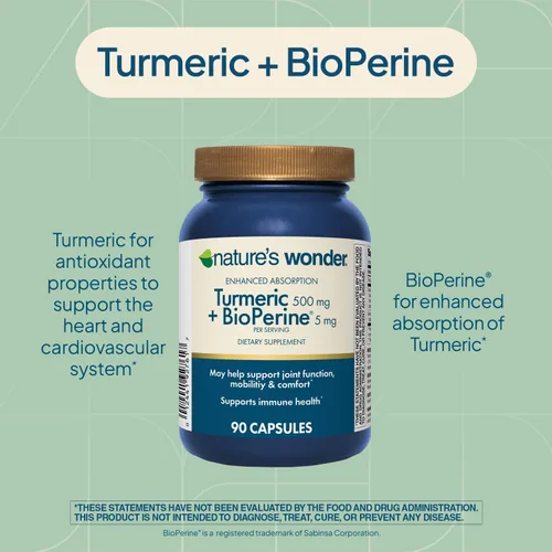 Vista 3 de Nature's Wonder Suplemento de cúrcuma con BioPerine - Complejo de cúrcuma de absorción mejorada 500 mg con BioPerine 5mg para función articular