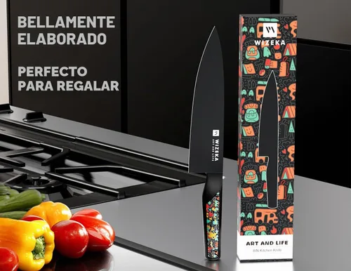 Vista 6 de WIZEKA Cuchillo de cocinero: 8 pulgadas: Cuchillo de cocina extremadamente afilado: acero inoxidable de alto carbono de espiga completa: cuchillo