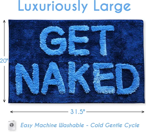 Vista 3 de Evovee Alfombra de baño con texto en inglés «Get Naked», divertida y bonita, antideslizante, lavable y con texto en inglés «Get Nake», color azul