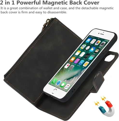 Vista 5 de iCoverCase Funda para iPhone SE (2022)/SE (2020)/7/8/6/6S con tarjetero y soporte para tarjetas, funda magnética desmontable de piel sintética
