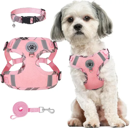 Vista 16 de BEAUTYZOO Step in - Juego de arnés para perro, collar y correa para perros pequeños, medianos y grandes, arnés para cachorro sin tirones, sin Beige
