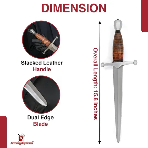 Vista 2 de Armory Replicas Royal Arming Dagger - Hoja de acero de alto carbono 1095 con mango de cuero apilado, pomo y protector de acero, incluye funda