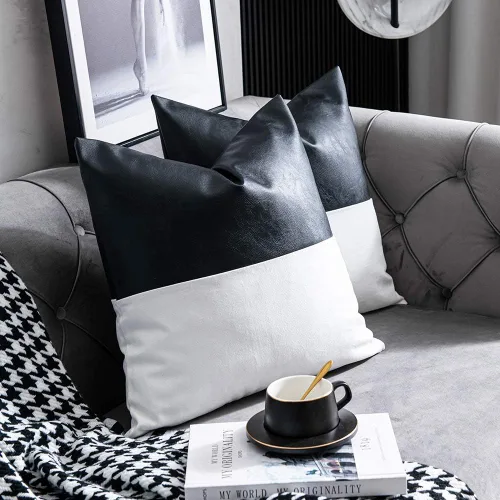 Vista 2 de Juego de 2 fundas de almohada decorativas de cuero sintético con 100% algodón para sofá, cama, decoración moderna del hogar, cuadradas