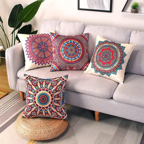 Vista 3 de Juego de 4 fundas de almohada bohemias con mandala floral retro, 18 x 18 pulgadas, fundas de almohada cuadradas de terciopelo suave, fundas