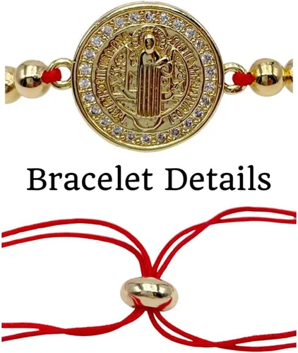 Vista 6 de St Benedict Medal Protection Bracelet for Women - Adjustable Red String with Mini Zircons Bead - Christian Jewelry
