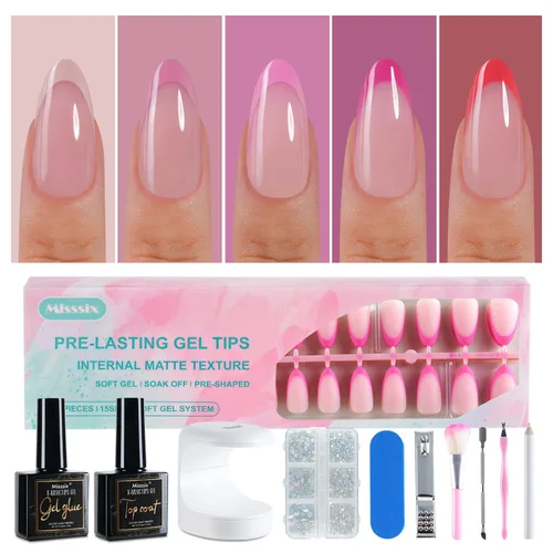 Vista 8 de Misssix Uñas postizas a presión con punta francesa, 150 piezas de puntas de uñas de gel francés, uñas postizas de gel suave de almendra media, kit