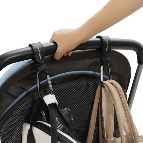 Vista 4 de Paquete de 4 ganchos universales para cochecito de bebé para colgar bolsas y compras, prácticos accesorios de correas de cochecito perfectos