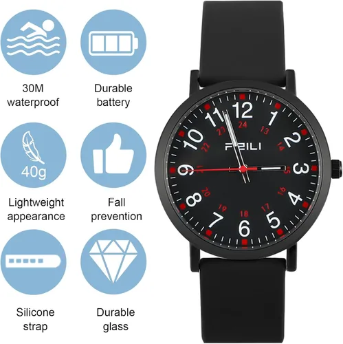 Vista 6 de FIZILI Reloj de enfermera para mujeres, hombres, profesionales médicos, estudiantes, fácil de leer, 24 horas, reloj luminoso con banda de silicona