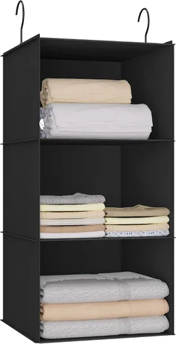 Vista 23 de Organizador colgante para armario y almacenamiento con 3 estantes, estantes colgantes plegables de montaje fácil para guardar ropa, bolsos, zapatos