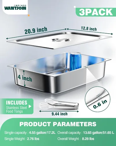 Vista 7 de WantJoin Recipientes Gastronómicos con Tapa 1/1 Tamaño Completo 4 Pulgadas de Profundidad Paquete de 3, Juegos de Bandejas de Metal de Acero