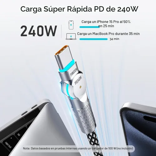 Vista 3 de Cable USB C de 3.3 pies, 240 W, trenzado, giratorio de 180°, USB C a USB C, cable USB 2.0, tipo C, cable de carga para iPhone 16/16Pro/16Plus/16Pro
