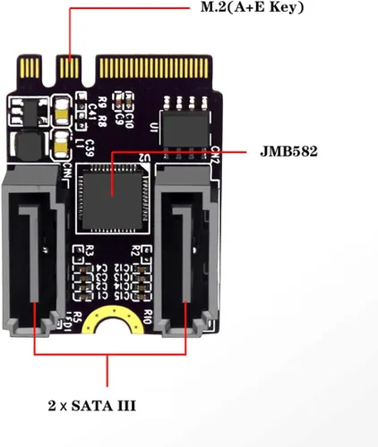 Vista 3 de Cablecc NGFF clave A+E PCI Express a SATA 3.0 6Gbps adaptador de doble puerto convertidor tarjeta de extensión de disco duro JMB582 2230
