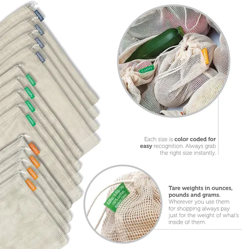 Vista 10 de 12+1 bolsas reutilizables para productos alimenticios, lavables, bolsas de malla de algodón orgánico, doble costura y peso de tara, bolsas de malla