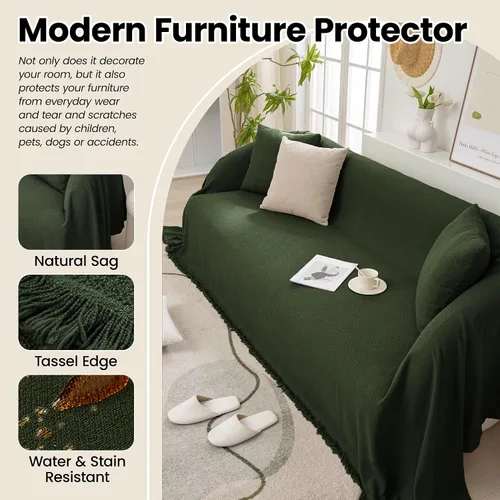Vista 2 de Fundas para Sofá Seccional para Perro, Funda de Sofá de Una Pieza con Borlas de Chenilla Súper Suave Anti-Arañazos, Manta Protectora de Muebles Verde