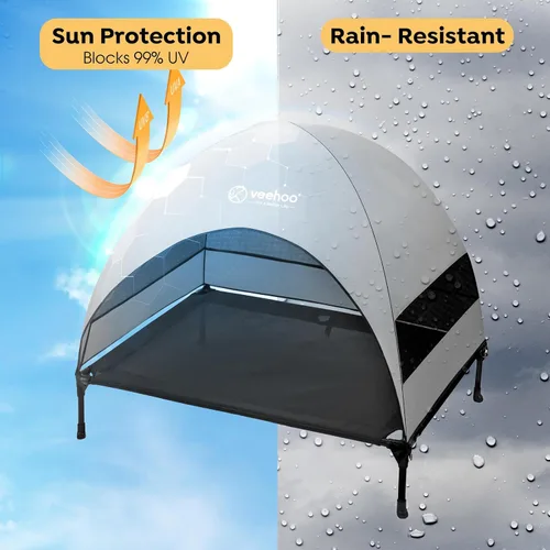 Vista 2 de Cama para Perros al Aire Libre Veehoo con Toldo, Catre Elevado Refrescante para Mascotas con Sombra Removible, Patas Antideslizantes, Catre Elevado