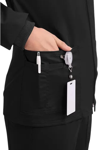 Vista 2 de Cherokee Chaqueta médica con cremallera frontal para mujer, 3 bolsillos, elástica en 2 direcciones, suave, transpirable, sarga cepillada, 4315