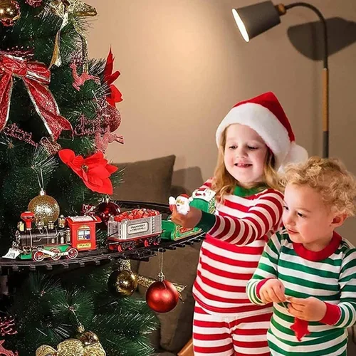Vista 4 de Juego de tren de Navidad con tren y pista, árbol de Navidad eléctrico con sonidos y luz, juguetes interactivos eduaccionales para niños, regalos