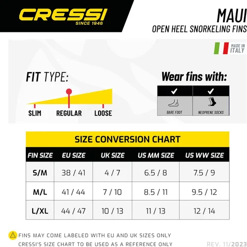 Vista 5 de Cressi Aletas cortas ajustables para adultos - Snorkel versátil tacón abierto para usar también descalzo - Maui: Hecho en Italia