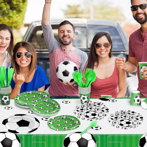 Vista 4 de Suministros de decoración de fiesta de fútbol – 60 platos desechables temáticos de fútbol y recuerdos para cumpleaños de niño o baby shower