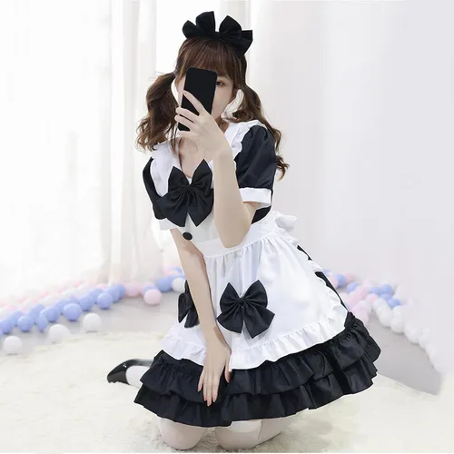 Vista 5 de QIGUANDZ Disfraz Kawaii dulce para mujer, vestido a cuadros, vestido de anime, sirvienta francesa, vestido de cosplay, delantal, banda