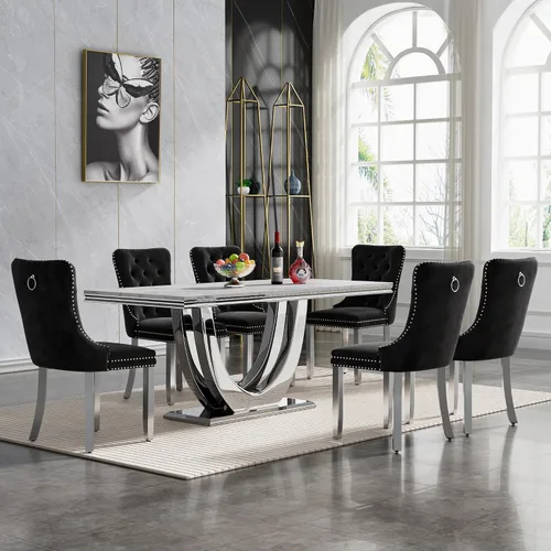 Vista 62 de Juego de mesa de comedor de mármol sintético, 7 piezas, juego de mesa de cocina y comedor para 6, mesa de comedor rectangular blanca de 70 pulgadas