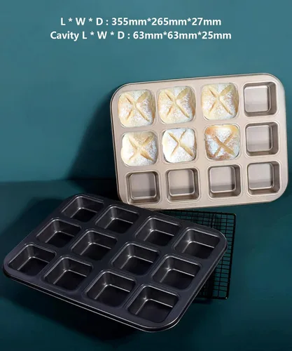 Vista 5 de Mini molde para pan de 8 cavidades de acero al carbono, bandeja antiadherente para hornear pan, diseño de una sola pieza (negro, 12 cavidades)