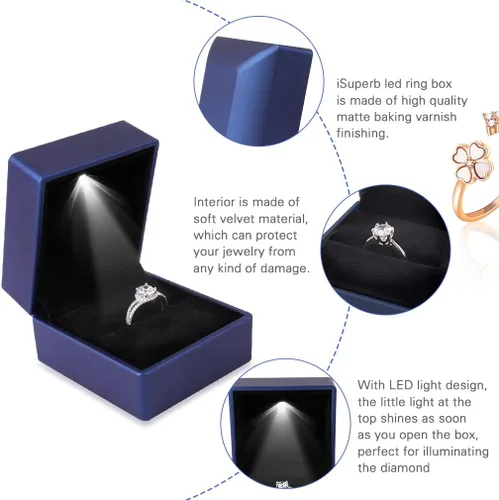 Vista 3 de iSuperb 2 cajas de anillos LED iluminadas, para propuestas, compromisos, bodas, regalos (paquete de 2 unidades, azul marino)