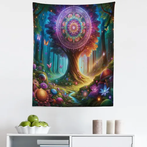 Vista 115 de Ambesonne Tapiz verde, fases lunares alrededor de un árbol de la vida, impresión de diseño bohemio de astrología nocturna, decoración de tela