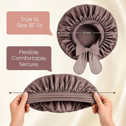 Vista 3 de LUCE Gorro de seda de satén para dormir, gorro de satén XL de doble capa de 600 hilos para mujer, gorro para dormir con lazo ajustable