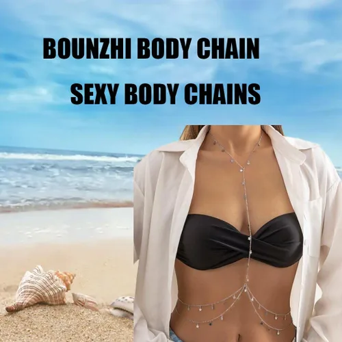 Vista 7 de Bounzhi Cadena de cuerpo sexy de plata con diseño de cruz de bikini en la cintura del vientre y cadenas de cuerpo con borla de estrella, collar