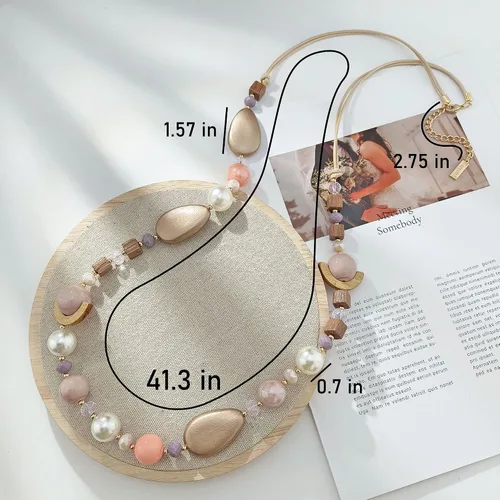 Vista 7 de Collar largo empalmado de cuerda encerada con cuentas de madera acrílica en contraste para mujer, 40 pulgadas