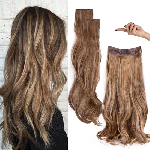 Vista 6 de Extensiones de cabello invisibles con halo mejorado con 3 piezas de diadema ajustable, largo, ondulado, extensiones de cabello rubio decolorado
