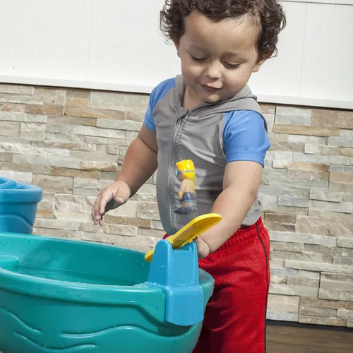 Vista 3 de Step2 Mesa de agua marítima para derrame y salpicadura, juego sensorial de dos niveles para actividades de agua y arena, viene con paraguas