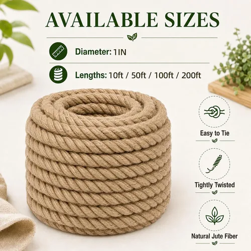 Vista 2 de Cuerda de yute trenzado Manila (1 pulgada x 10 pies) cuerda de cáñamo gruesa natural para manualidades, náutico, barandillas, hamaca, decoración