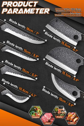 Vista 7 de ROCOCO Juego de 13 Cuchillos de Carnicero para Corte de Carne Cuchillo de Chef Serbio Cuchillo de Deshuesado Vikingo con Bolsa Enrollable